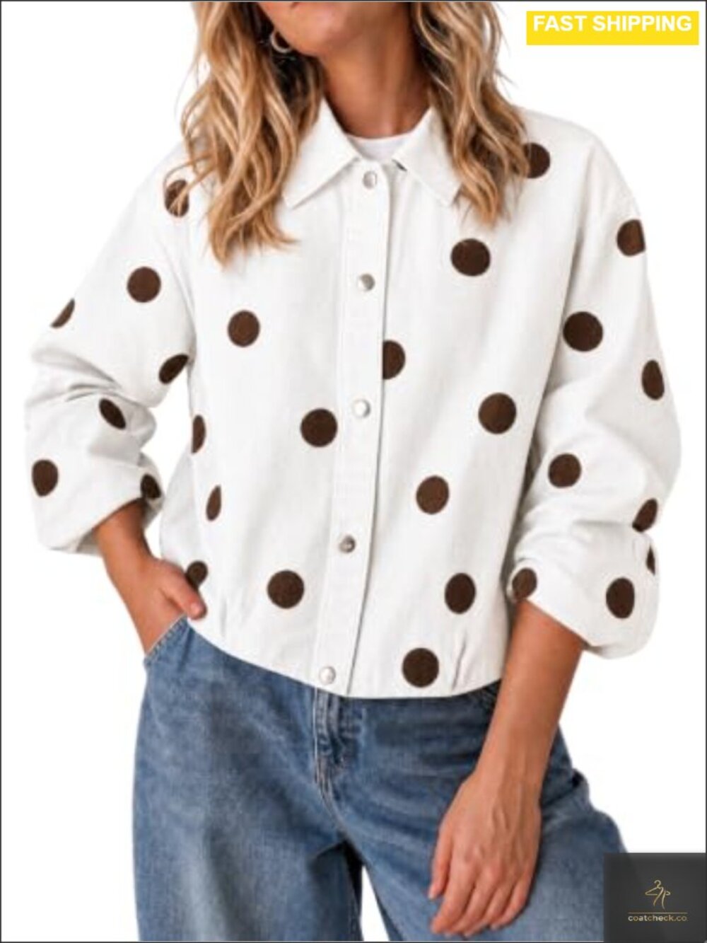 Womens Polka Dot Denim Jacket Button Down Cropped Jean Coat